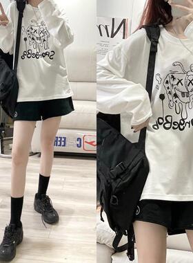 Ruibbit「海绵宝宝涂鸦」原创印花长袖t恤潮酷黑白色宽松秋女内搭