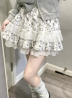 Ruibbit原创暗黑kitty印花蕾丝花边短裙女亚文化蓬蓬蛋糕裙y2k
