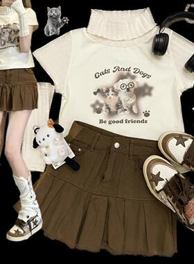 Ruibbit原创猫狗星星短袖高领拼接袖套紧身正肩印花t恤甜辣y2k女