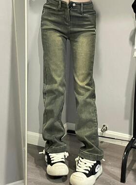 Ruibbit加绒直筒牛仔裤蓝色水洗长裤女休闲街头显瘦秋冬复古加厚