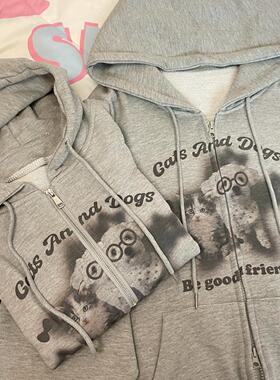 Ruibbit原创猫狗复古印花外套连帽卫衣灰色女休闲加绒美式秋冬百