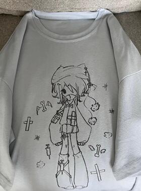 Ruibbit原创二次元印花灰蓝色短袖宽松t恤夏休闲圆领纯棉女亚文化