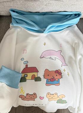 Ruibbit原创蓝色拼接kitty印花连帽卫衣撞色女休闲美式秋冬卡通