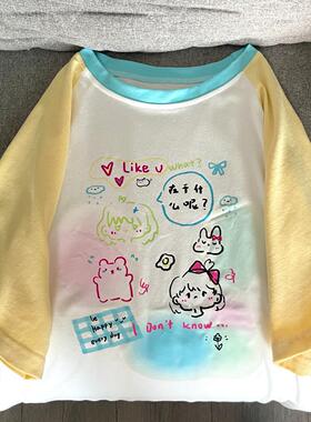 Ruibbit原创涂鸦印花拼接短袖宽松t恤夏休闲圆领黄色手绘ins可爱