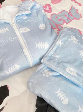 Ruibbit原创水色猫印花睡衣法兰绒秋冬长袖连帽套装家居服女宅亚