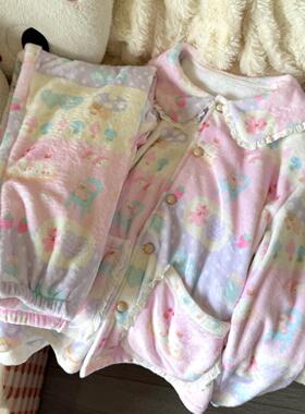 Ruibbit原创粉色拼接印花睡衣法兰绒秋冬长袖圆领套装家居服女ins