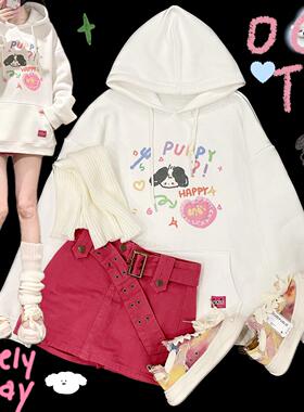 Ruibbit原创设计彩色小狗加绒卫衣动物印花可爱宽松连帽少女秋冬