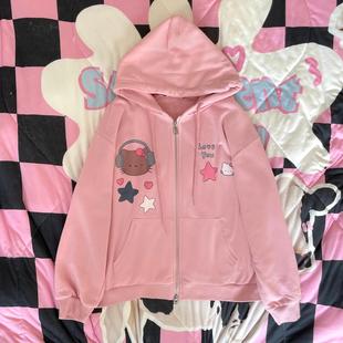 Ruibbit原创黑皮kitty印花外套连帽卫衣粉色女亚文化休闲薄绒卡通