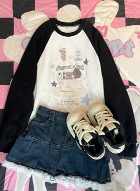 Ruibbit原创设计茶杯小狗卫衣印花黑色美式复古休闲宽松女插肩袖