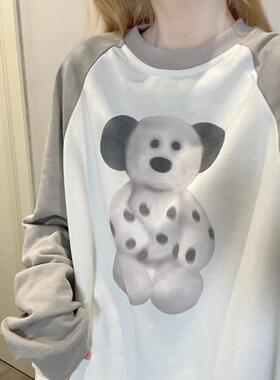 Ruibbit原创设计斑点狗卫衣印花灰色美式复古休闲宽松女插肩袖