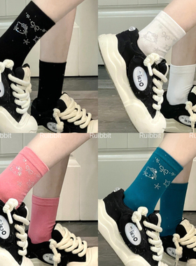 Ruibbit烫钻短袜kitty棉女水钻黑白色学生小众ins凯蒂猫jk