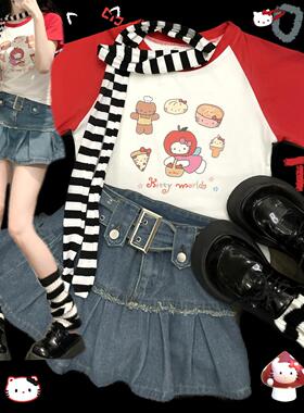 Ruibbit原创kitty乐园印花红色插肩袖上衣短袖T恤辣妹女y2k亚文化