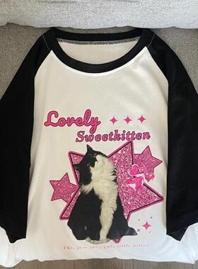 Ruibbit原创黑粉色猫咪印花拼接短袖宽松t恤夏休闲圆领美式复古