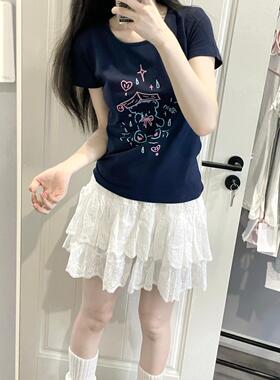 Ruibbit原创手绘涂鸦藏青色小熊印花短袖t恤夏修身正肩纯棉女卡通