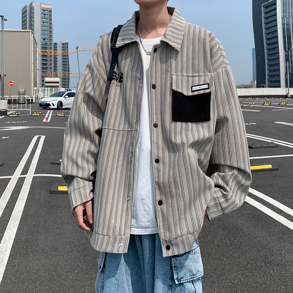 港风2025新款条纹宽松休闲夹克印花外套潮男外景6639P78控118,男装夹克,电商A029A