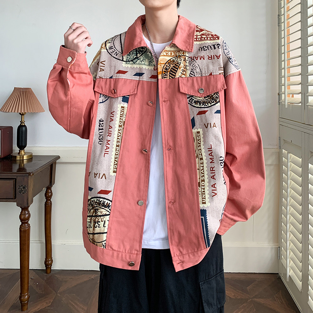 春装大码美式潮牌拼接宽松休闲港风男外套日系夹克2897P75控98,男装夹克,电商A029A