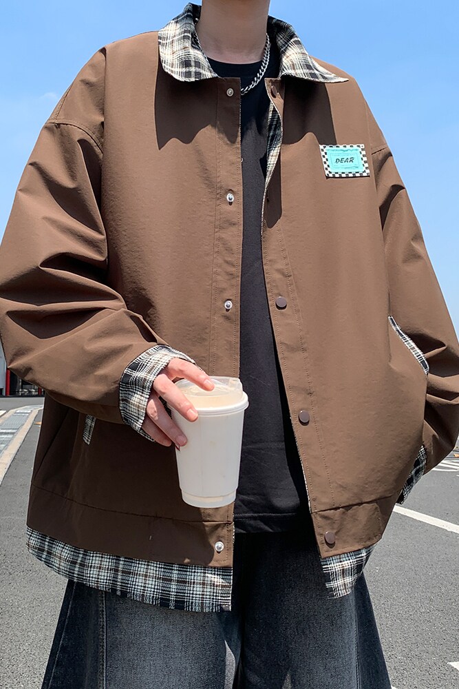 外景秋款格子拼接假两件外套潮男宽松休闲夹克6652P85控128,男装夹克,电商A029A