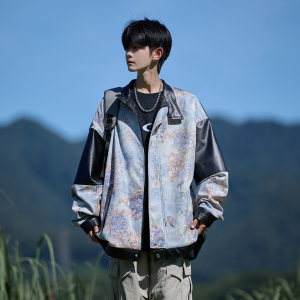 相机片秋新款皮衣外套潮男休闲立领宽松机车花夹克 6656 P88控128，男装夹克，电商A029A