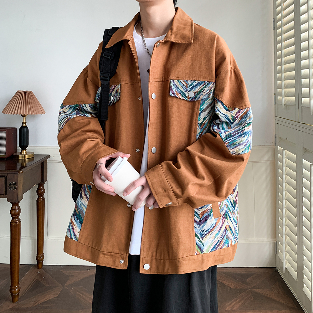 春装大码潮牌拼接花纹男外套宽松舒适夹克日系港风2879P75控98，男装夹克，电商A029A