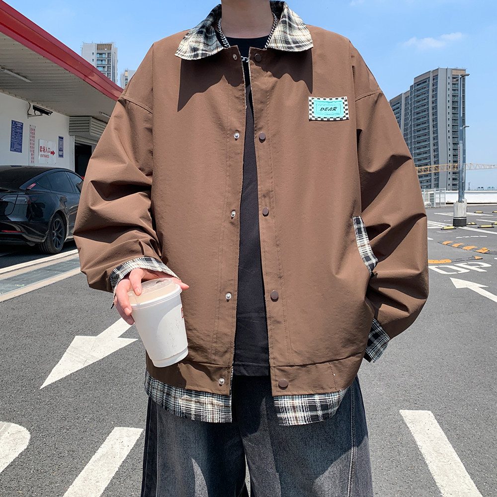 外景2025秋款格子拼接大码外套青年潮男百搭夹克6652P85控128,男装夹克,电商A029A
