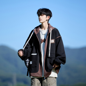 wassuphappy假两件撞色夹克男春秋季潮牌大码青少年连帽休闲外套,青哥时尚女装穿搭图片