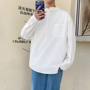 港风纯色宽松套头立领衬衫 春秋潮男长袖立领衬衣C163-P45，男装衬衫，电商A029A