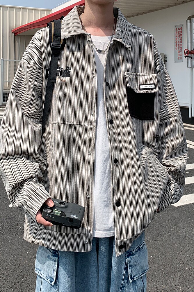 港风2025新款条纹宽松休闲夹克印花外套潮男外景6639P78控118,男装夹克,电商A029A