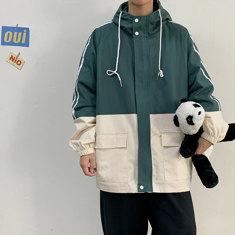 Spring color matching youth Hooded Jacket Hong Kong Style loose large casual men's jacket
