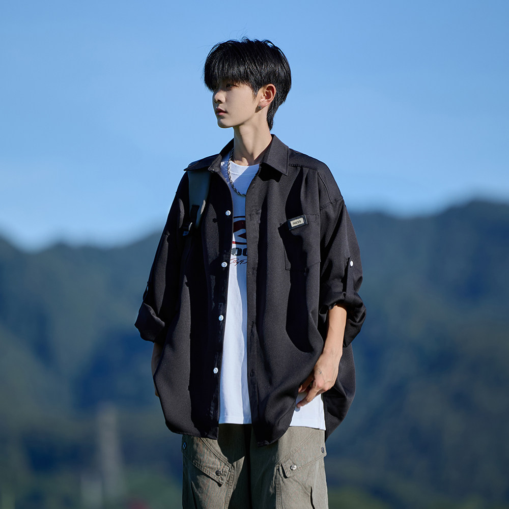 相机片2025宽松长袖衬衫港风秋季男纯色衬衣666P48控68,男装衬衫,电商A029A