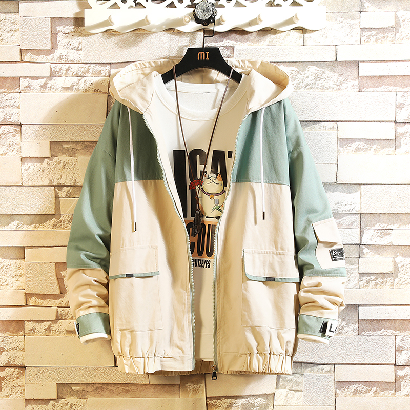 Spring and autumn color matching youth jacket with flapping brick loose large casual men's jacket