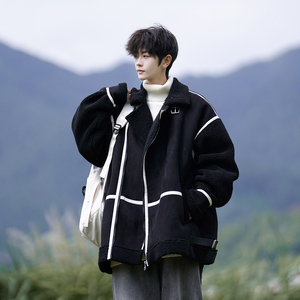 胖胖哥美式拼接羊羔绒棉衣男冬季加绒痞帅保暖大码宽松棉服外套潮