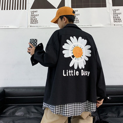 Hong Kong style spring fake two pieces jacket young jacket trendy men's Lapel casual chrysanthemum print jacket