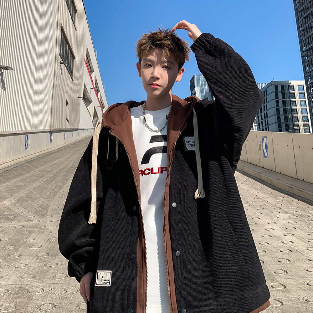 2025大码撞色连帽外套假两件男宽松休闲夹克港风6635P98控138,男装夹克,电商A029A