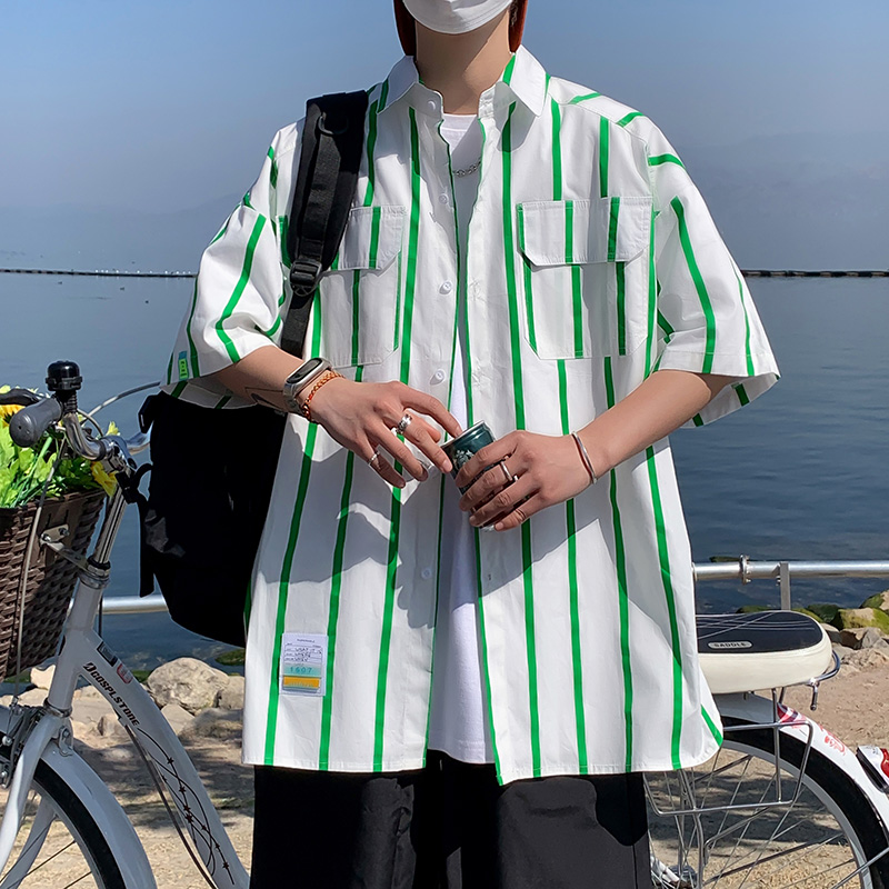 外景夏款休闲半袖衬衣宽松港风潮男士条纹短袖衬衫2573P45控68，男装衬衫，电商A029A