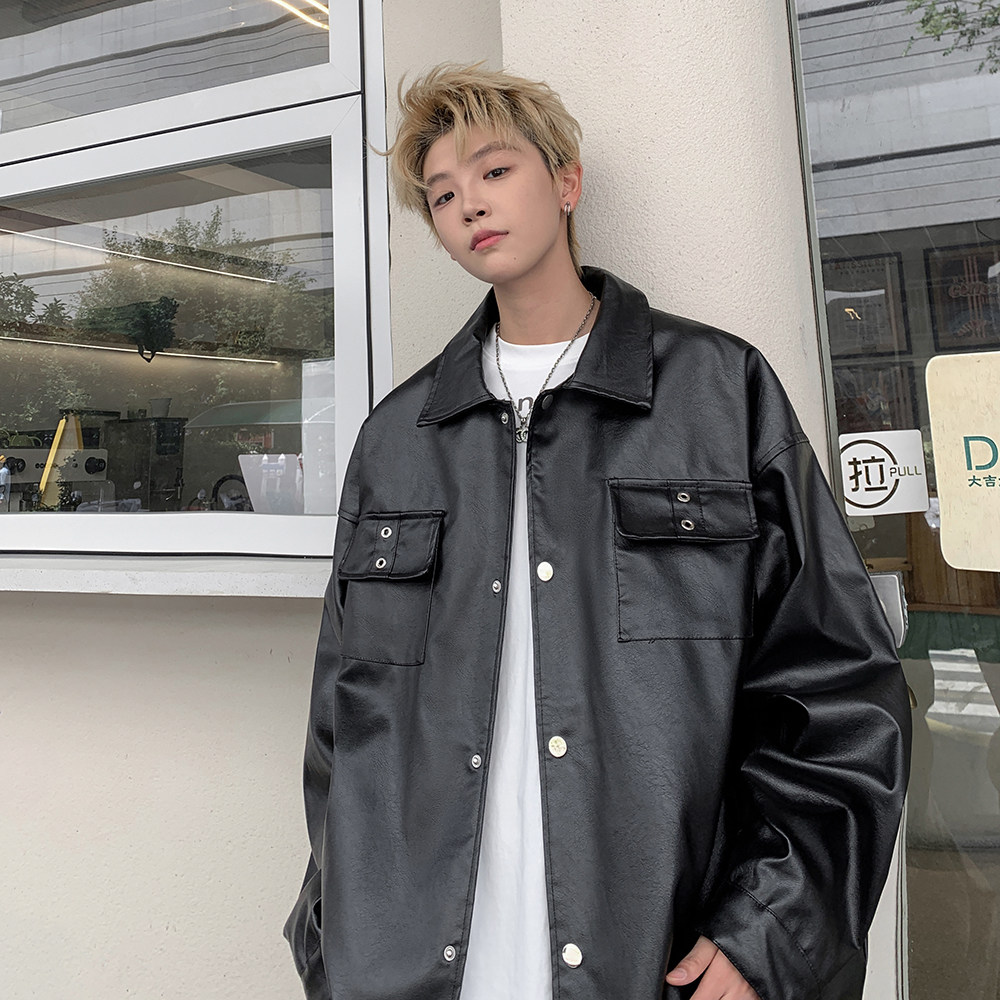 港风休闲皮衣外套男宽松百搭机车服设计感夹克外景2868P78控118,男装夹克,电商A029A
