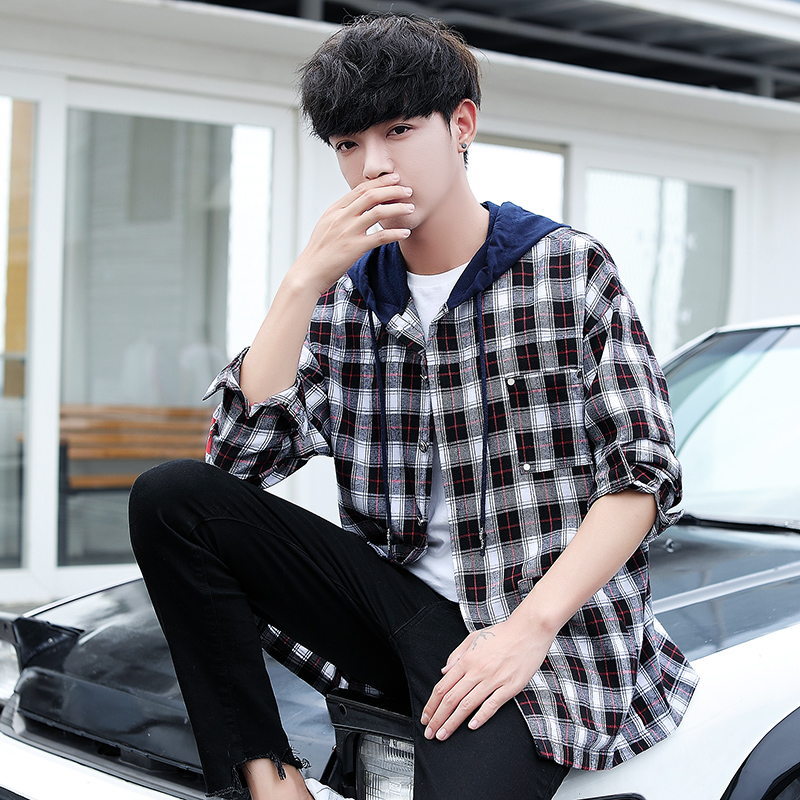 2020襯衫男長袖休閒 連帽襯衣服青少年襯衫