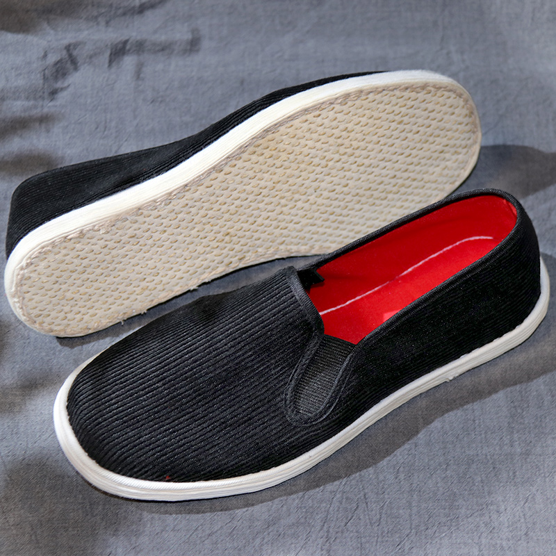 灯芯绒老北京手工千层底布鞋 黑条纹中式红色内里结婚男女布底鞋