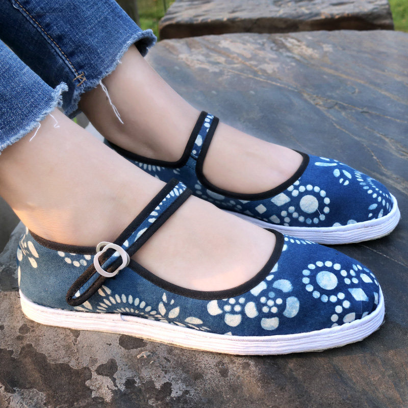 农家传统纯手工千层底布单鞋女民族风蜡染软底搭扣老北京布鞋女春