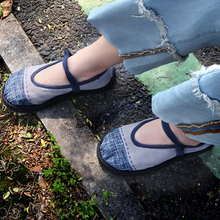 原创农家手工布鞋女春夏圆头一字扣拼接复古汉服千层底吸汗布单鞋
