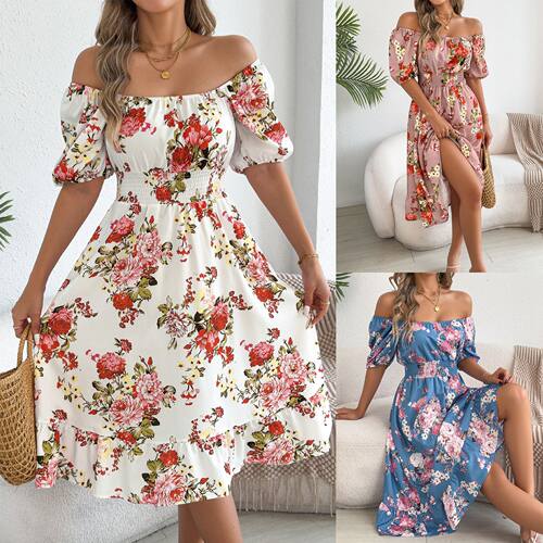 2026春夏花朵露肩短袖荷叶边A字裙度假连衣裙women dress summer
