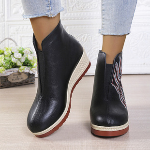 2025坡跟短靴winter wedge pu leather boots for women shoes