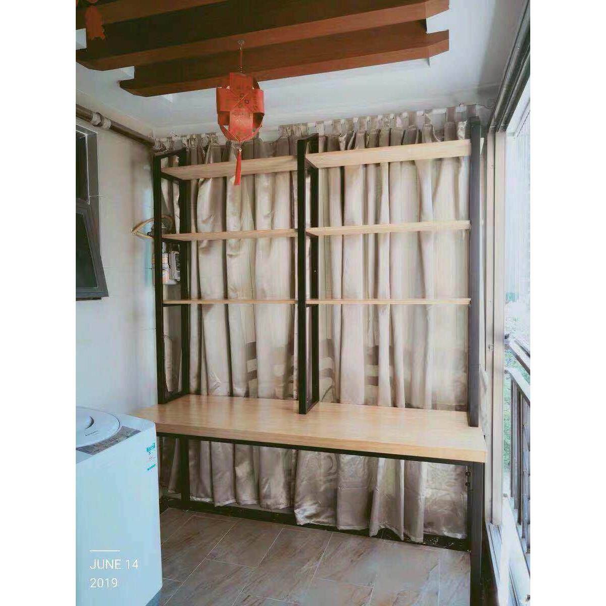 loft实木书桌书架组合家用卧室书柜阳台免钉墙双人台式情侣电脑桌