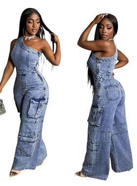 2026 Slant shoulder slim fit denim jumpsuit wide leg pants