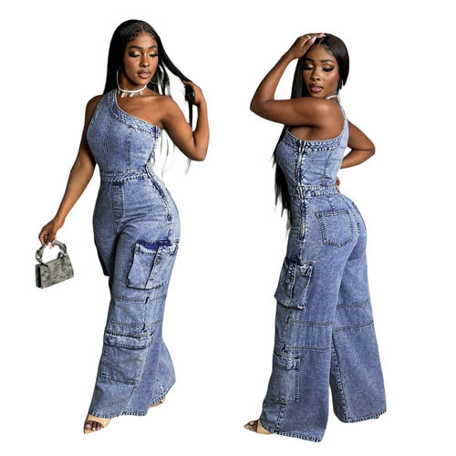2026 Slant shoulder slim fit denim jumpsuit wide leg pants