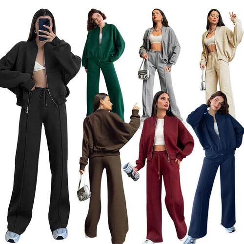 Zipper cardigan hoodie women's casual straight trouser suit