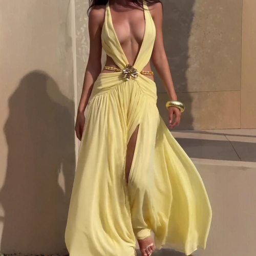 2026 new women's sexy slit neck hanging backless dress skirt