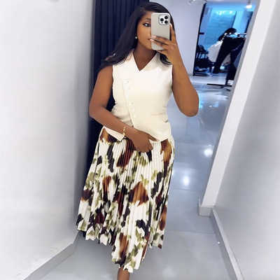 Women's 2026V collar vest top printed pleated long skirt set