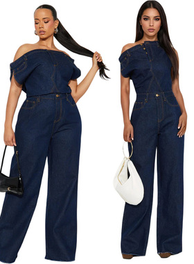 New casual fashion strapless one shoulder denim jumpsuit