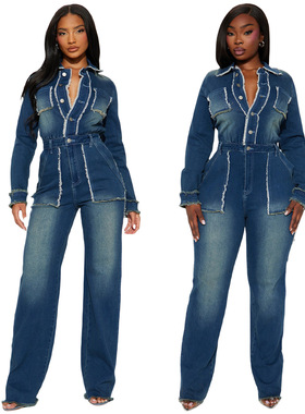 Women's slim fit elastic trumpet long sleeved denim jumpsuit