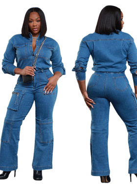 2026 Fashion women's long sleeved denim jumpsuit 牛仔连体裤